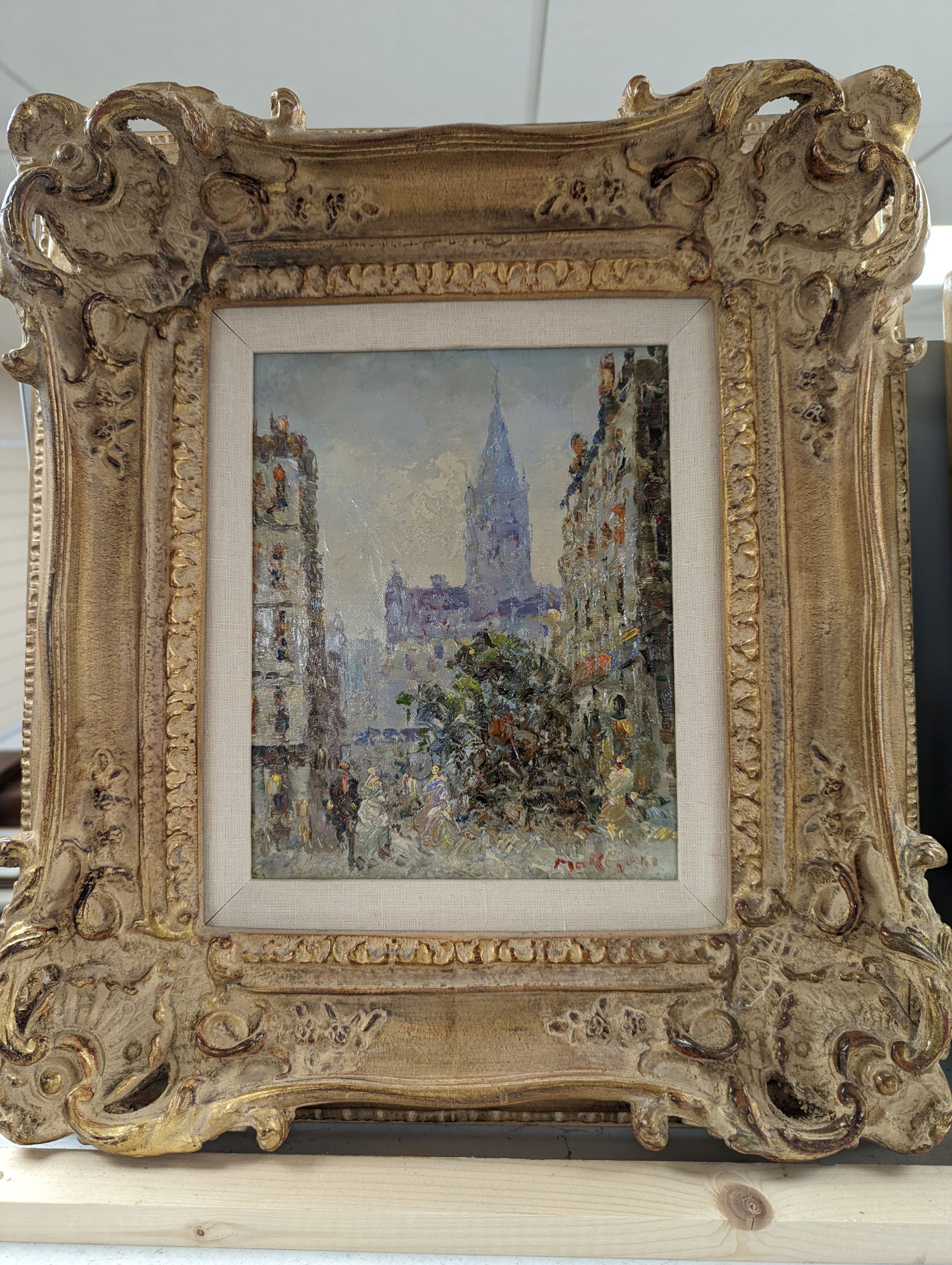 A modern oil on canvas, Flemish street scene, signed Morgan, 24 x 19cm